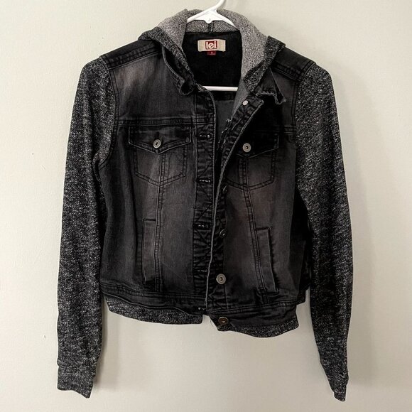 lei black gray hooded jean jacket grunge gothcore dark small 90s style - Picture 1 of 8